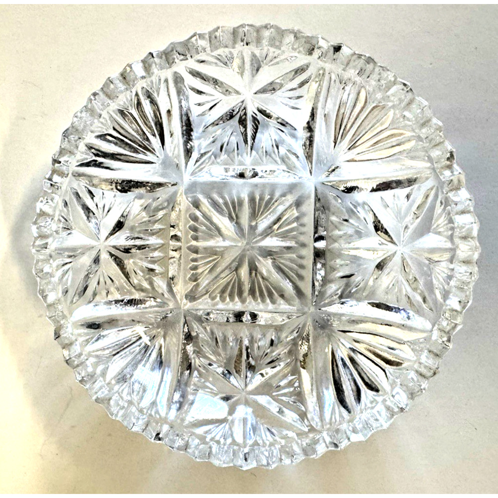 Vintage Pressed Cut Glass Trinket/Ring Dish Sunburst Criss Cross Pattern Glamor